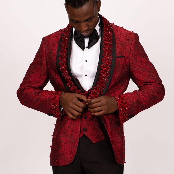 Men’s Red Stone Embroidered Tuxedo - Picture 11 of 13